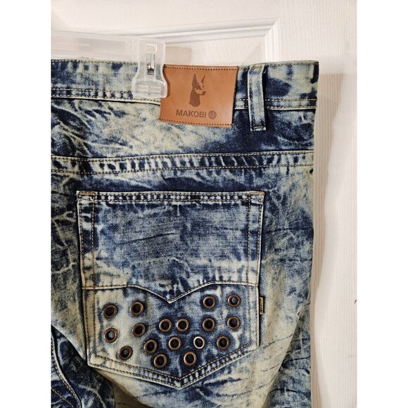 Makobi Jeans Moto Biker Blue Acid Wash Distressed Denim Mens 42x32 - Picture 11 of 12